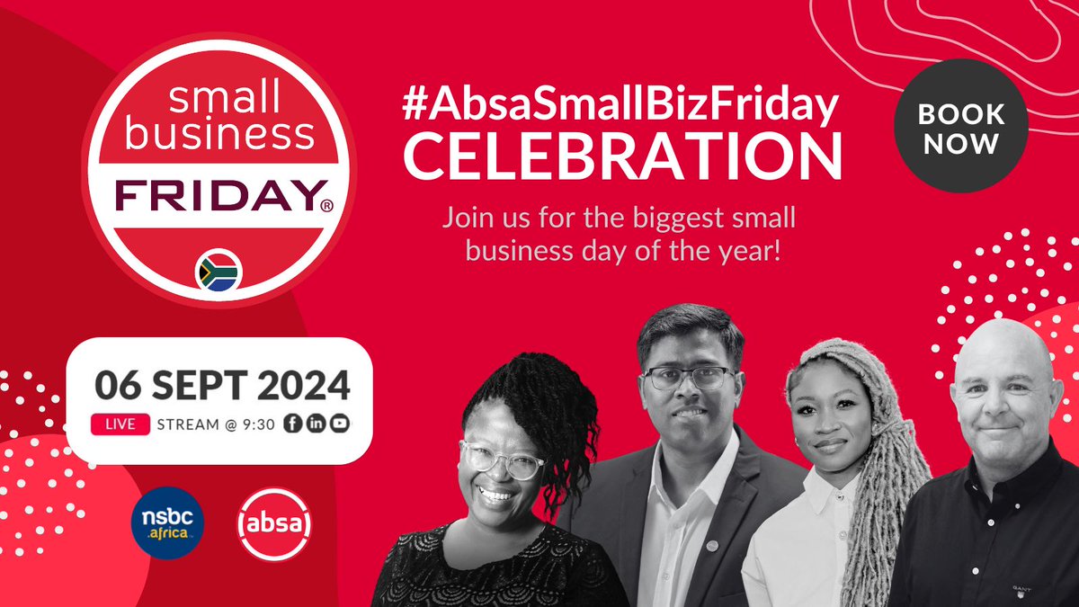 Small Business Friday (@smallbizfriday) on Twitter photo Join us for the #AbsaSmallBizFriday national celebration event to recognise the importance of the small business community.
06 September 2024 @ 9:30 | LIVE STREAM
smallbizfriday.nsbcevents.africa
#ShopLocal #SouthAfrica #SmallBusiness #Entrepreneur <a href="/AbsaSouthAfrica/">Absa South Africa</a> <a href="/NSBCAfrica/">NSBC Africa</a> Join us for the #AbsaSmallBizFriday national celebration event to recognise the importance of the small business community.
06 September 2024 @ 9:30 | LIVE STREAM
smallbizfriday.nsbcevents.africa
#ShopLocal #SouthAfrica #SmallBusiness #Entrepreneur <a href="/AbsaSouthAfrica/">Absa South Africa</a> <a href="/NSBCAfrica/">NSBC Africa</a>