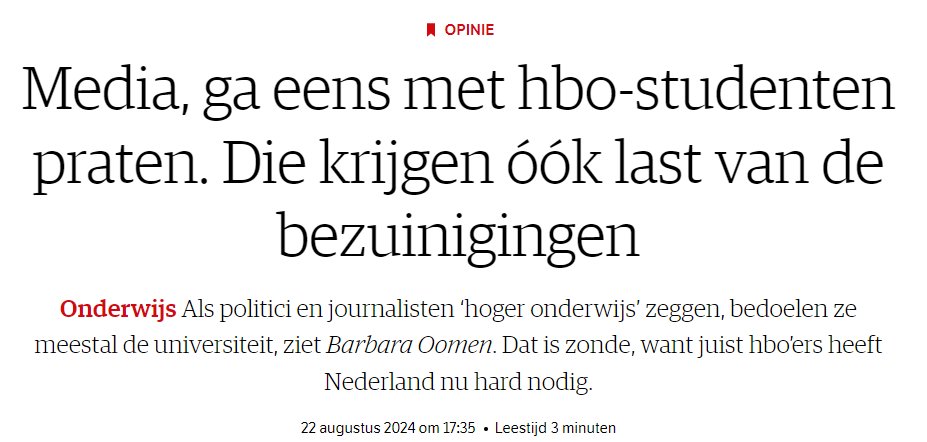 Ook het hbo wordt hard getroffen door de bezuinigingen van deze coalitie. 

40% van de hbo studenten zijn eerste-generatiestudenten. 

De langstudeerboete vormt juist voor deze groep een extra bedreiging.  

Terechte oproep van @BarbaraOomen in het <a href="/nrc/">NRC</a> 👇