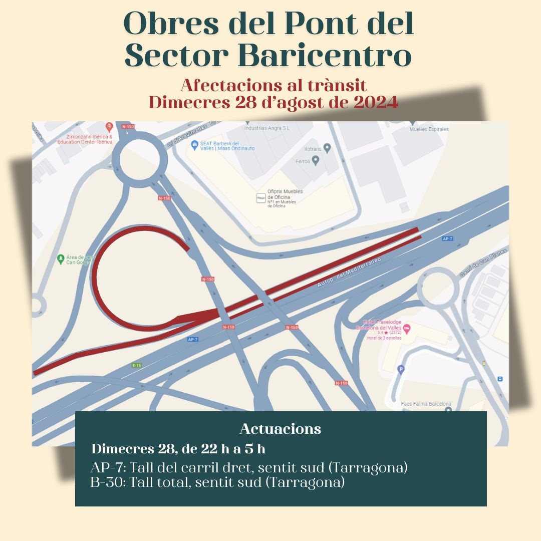 ajuntamentbdv's tweet photo. 👉Talls de trànsit per les obres del Pont del Sector Baricentro 🚗
📅 Dimecres 28 d'agost
▶B-30. De 22 a 5 h: Tall total, del tram marcat de la B-30, sentit sud (Tarragona)
▶AP7. De 22 a 5 h: Tall del carril dret, sentit sud (Tarragona)
🙏 Disculpeu les molèsties! https://t.co/Z8xCFdeb5D