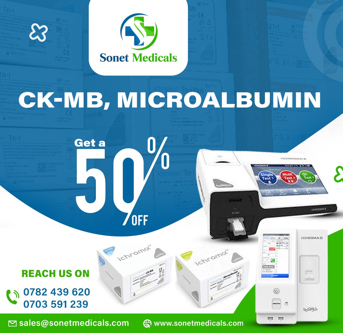 sonetmedicals's tweet photo. LIMITED TIME OFFER!
50% OFF CK-MB &amp; Microalbumin reagents!
Detect cardiac damage &amp; screen for kidney disease with precision!

Stock up &amp; save big!
Call 0782 439 620 / 0703 591 239
#LabReagents #DiscountAlert #CKMB #Microalbumin https://t.co/nwQ319yqO1