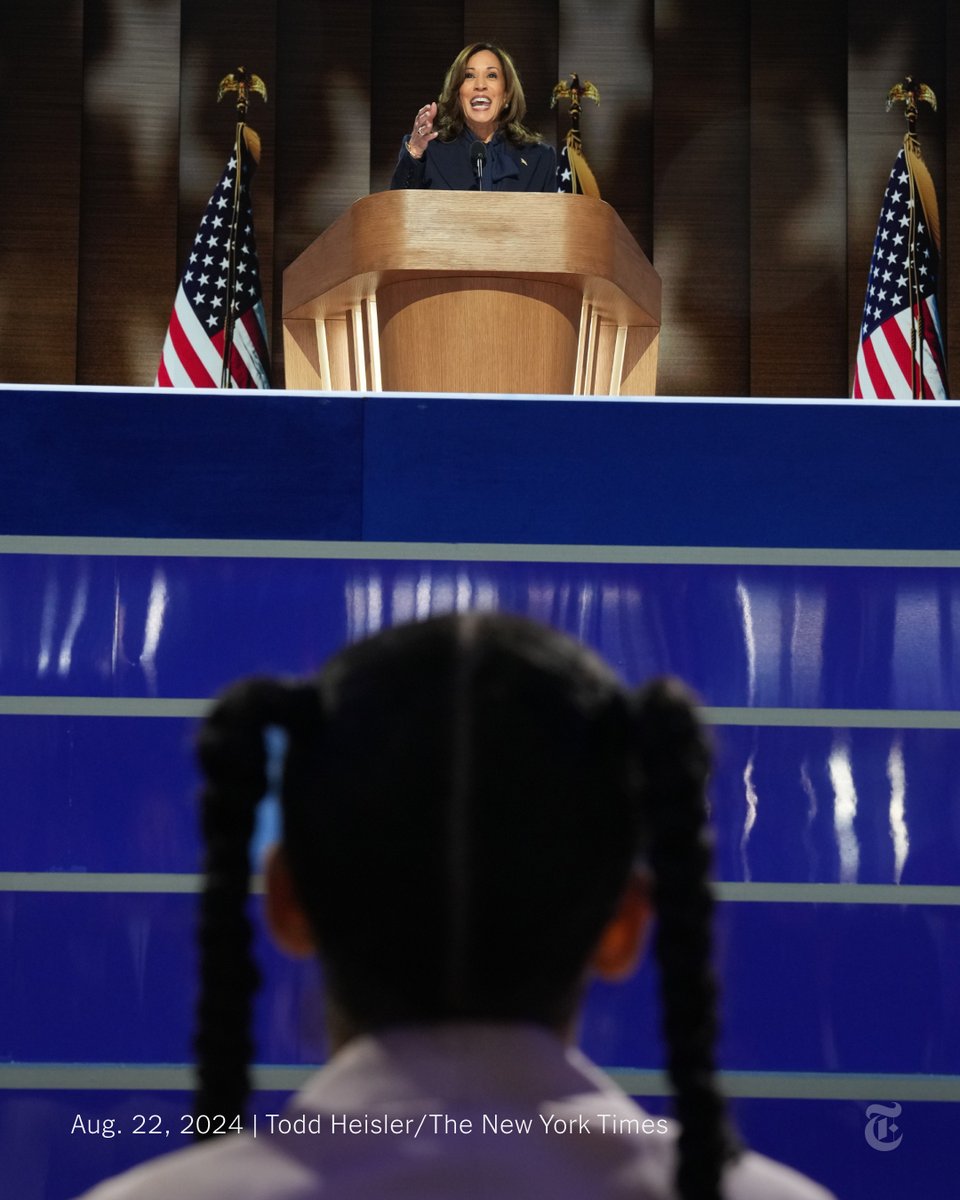 Amara Ajagu watches her great aunt, Vice President Kamala Harris, deliver her acceptance speech from the front row at the Democratic National Convention in Chicago on Thursday.

Here are five takeaways from the convention. nyti.ms/3YXge2e