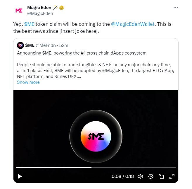 TheAirdropCoach's tweet photo. Magic Eden $ME Airdrop Coming Soon

@MeFndn just announced $ME, the native token of Magic Eden.  

Eligible users can claim the $ME airdrop through the @MagicEdenWallet only

Though it's not confirmed, eligibility could depend on the total Diamonds you've earned. https://t.co/Suu6wG0hnw