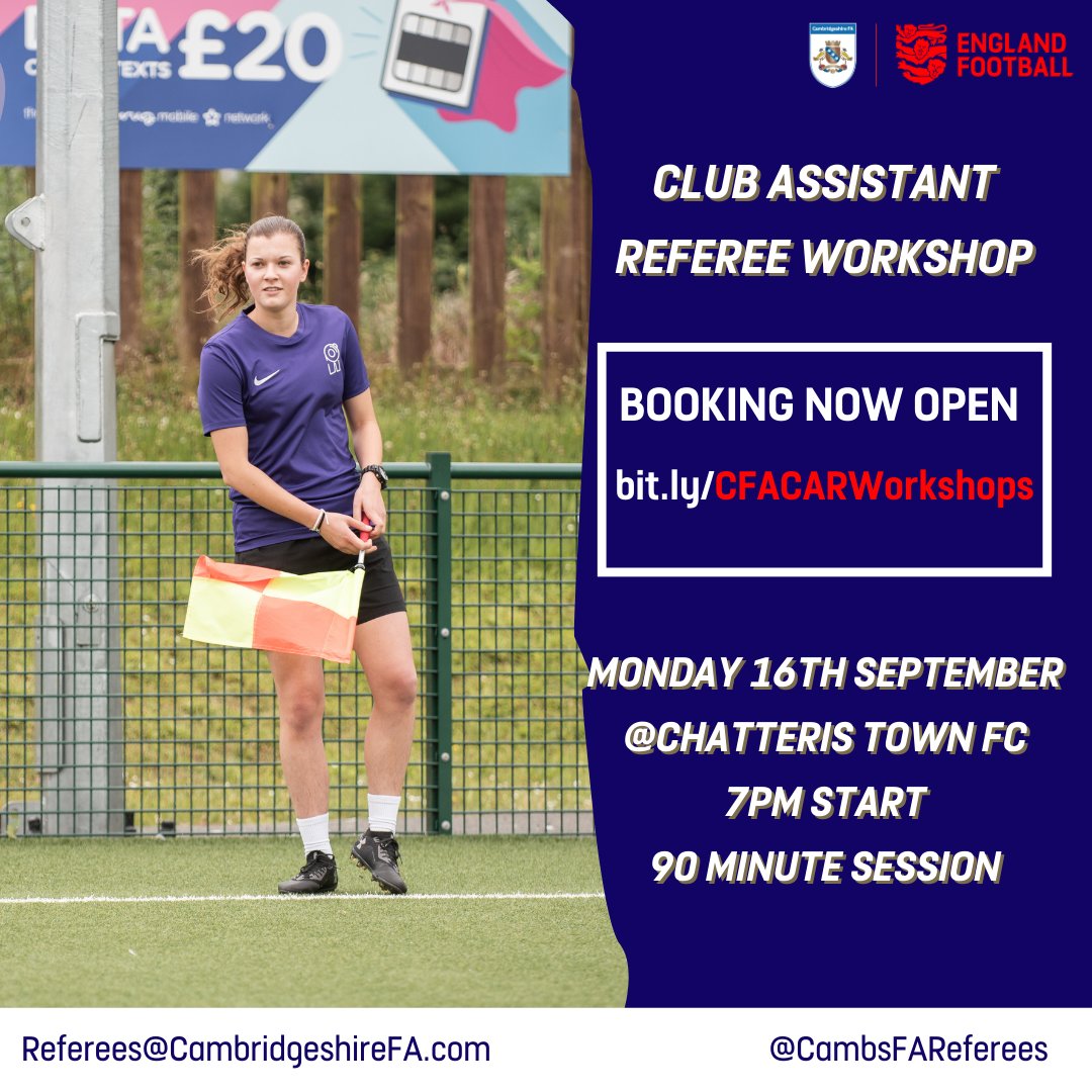 Cambs FA Referees (@cambsfareferees) on Twitter photo Yesterday saw our first Club Assistant Referee workshop ran at Cambourne Town FC with a great turnout.
Another workshop will be ran on Monday 16th September at <a href="/ChatterisTownFC/">Chatteris Town FC</a>
🔗bit.ly/CFACARWorkshops Yesterday saw our first Club Assistant Referee workshop ran at Cambourne Town FC with a great turnout.
Another workshop will be ran on Monday 16th September at <a href="/ChatterisTownFC/">Chatteris Town FC</a>
🔗bit.ly/CFACARWorkshops