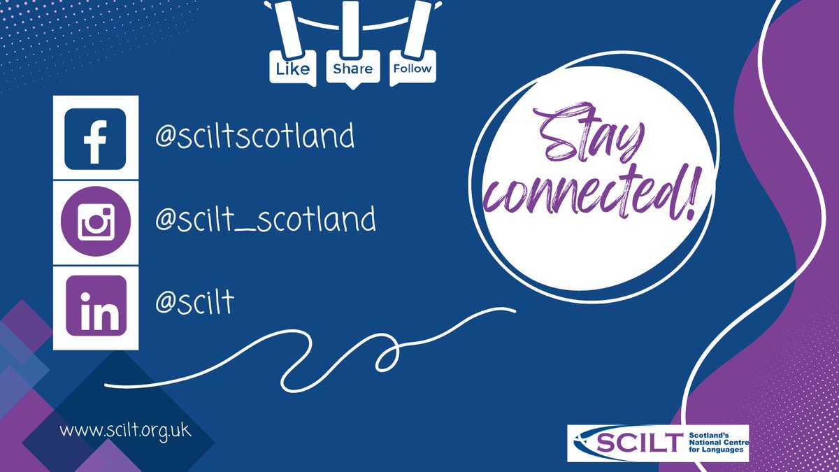 scottishcilt's tweet image. A reminder for language professionals you can follow us on different platforms! Keep up-to-date with our professional learning opportunities and initiatives for schools. #languageteaching #languagelearning