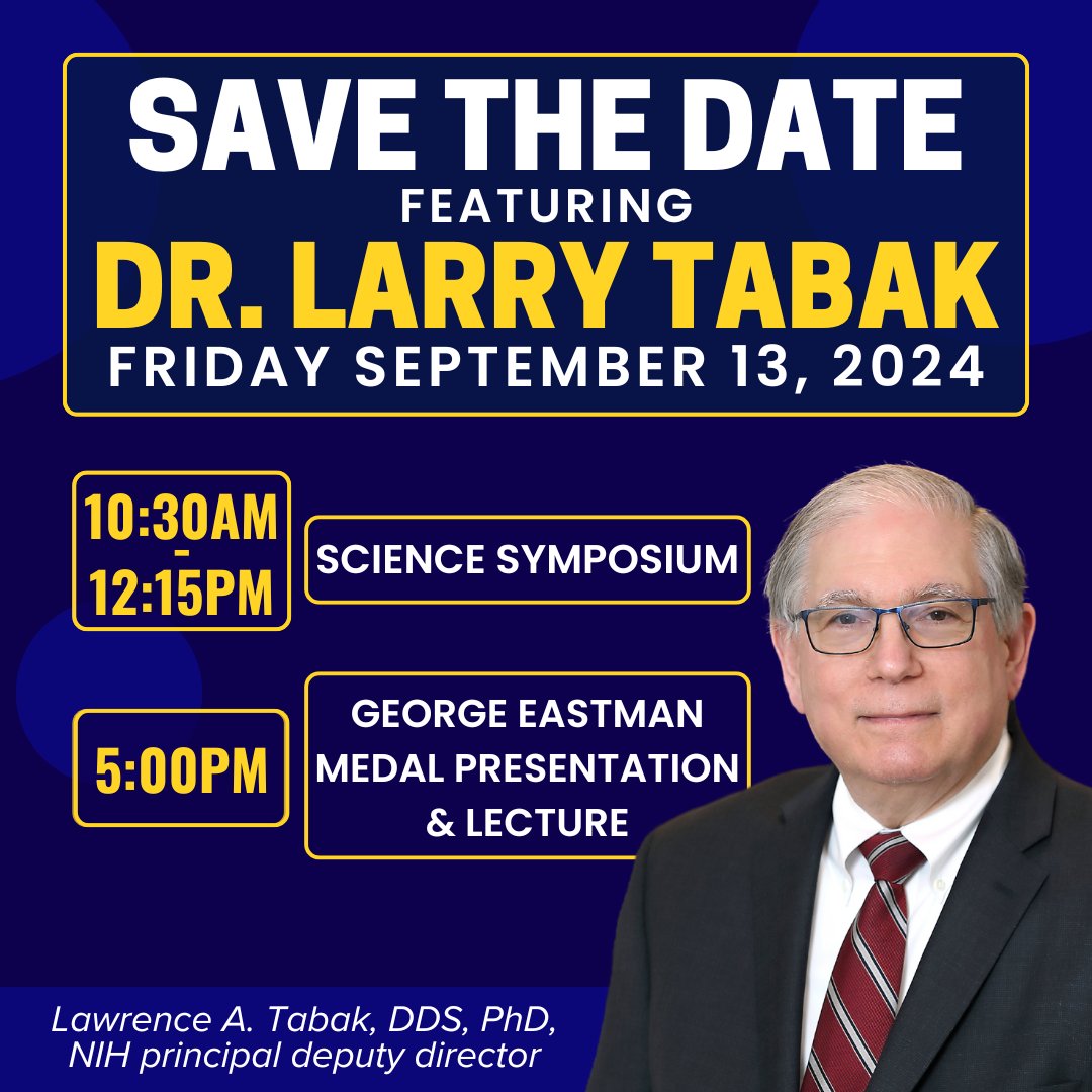 Join us on Friday, Sept. 13 at 10:30 a.m. for a Science Symposium &amp; 5 p.m. for the George Eastman Medal presentation and Dr. Tabak’s lecture at the Class of '62 Auditorium. Celebrate groundbreaking achievements in science and leadership! #URochesterResearch