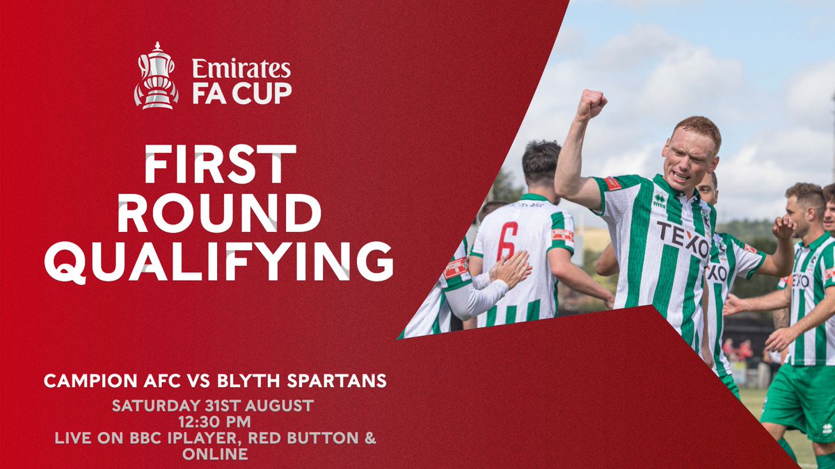 Blyth_Spartans's tweet photo. 🎥 @BBCSport have selected Spartans @EmiratesFACup tie against @CampionAFC to be shown live via iPlayer, Red button and online. 
The game will kick off at 12:30 on Saturday 31st Aug

#HowayBlyth https://t.co/KaXEogrUay