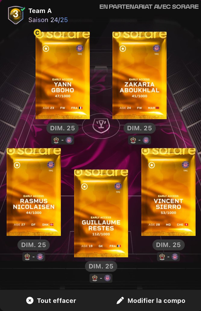 ActuFoot_'s tweet photo. Plus que 3 heures pour faire votre équipe avant la prochaine game-week sur @sorare. ⏳

Pour nous c'est fait. On reste avec notre équipe 100% TéFéCé. 💜

Nos Toulousains jouent dimanche à Nice. https://t.co/paxQPPHTVU