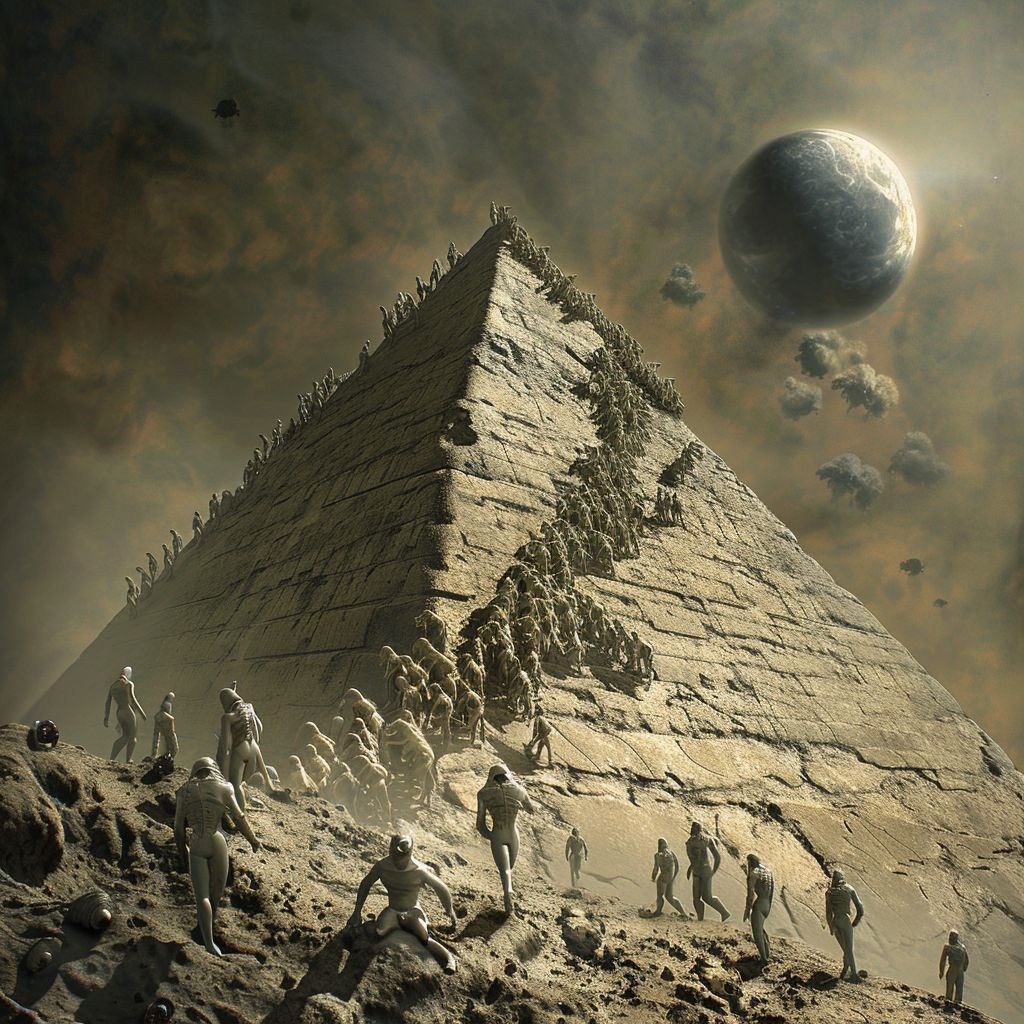 HumanAIArt's tweet image. &quot;Celestial Pyramid #25&quot;, A cosmic alliance: humans and aliens working together to create a pyramid on a distant planet. #IntergalacticCollaboration #AlienArchitecture #PyramidBuilding #SurrealArt