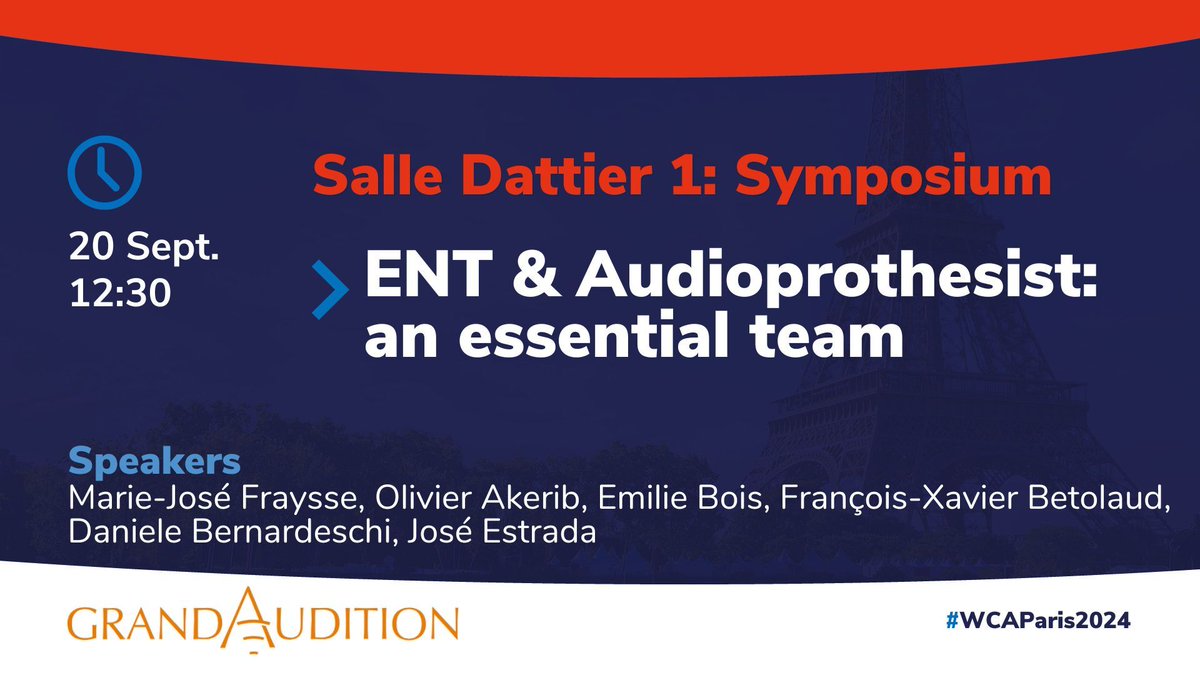 🗓 Don't miss the GrandAudition Symposium during the #WCAParis2024!  "ENT &amp; Audioprothesist: an essential team" will be held on September 20th in the Salle Dattier 1.
📌 Schedule it in your agenda! swll.to/WCA-program

#ENT #Audioprothesist:#Audiology #ORL