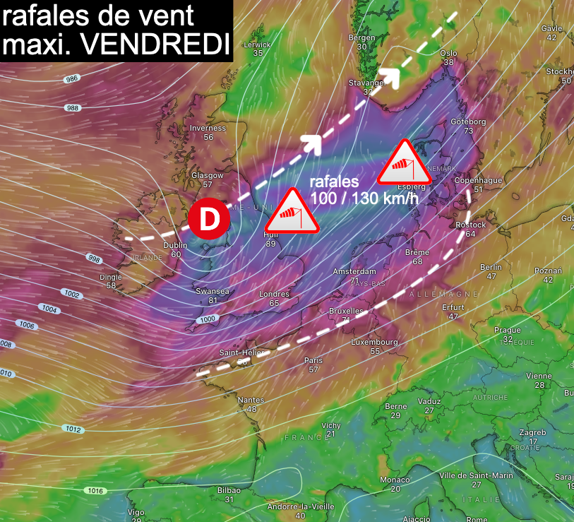 Meteovilles's tweet photo. Une vraie #tempête 🌬️de fin d'été en Mer du Nord ce vendredi 23 août 2024. 
Rafales comprises entre 100 et 130 km/h. @Windycom https://t.co/TvszqPRzBl