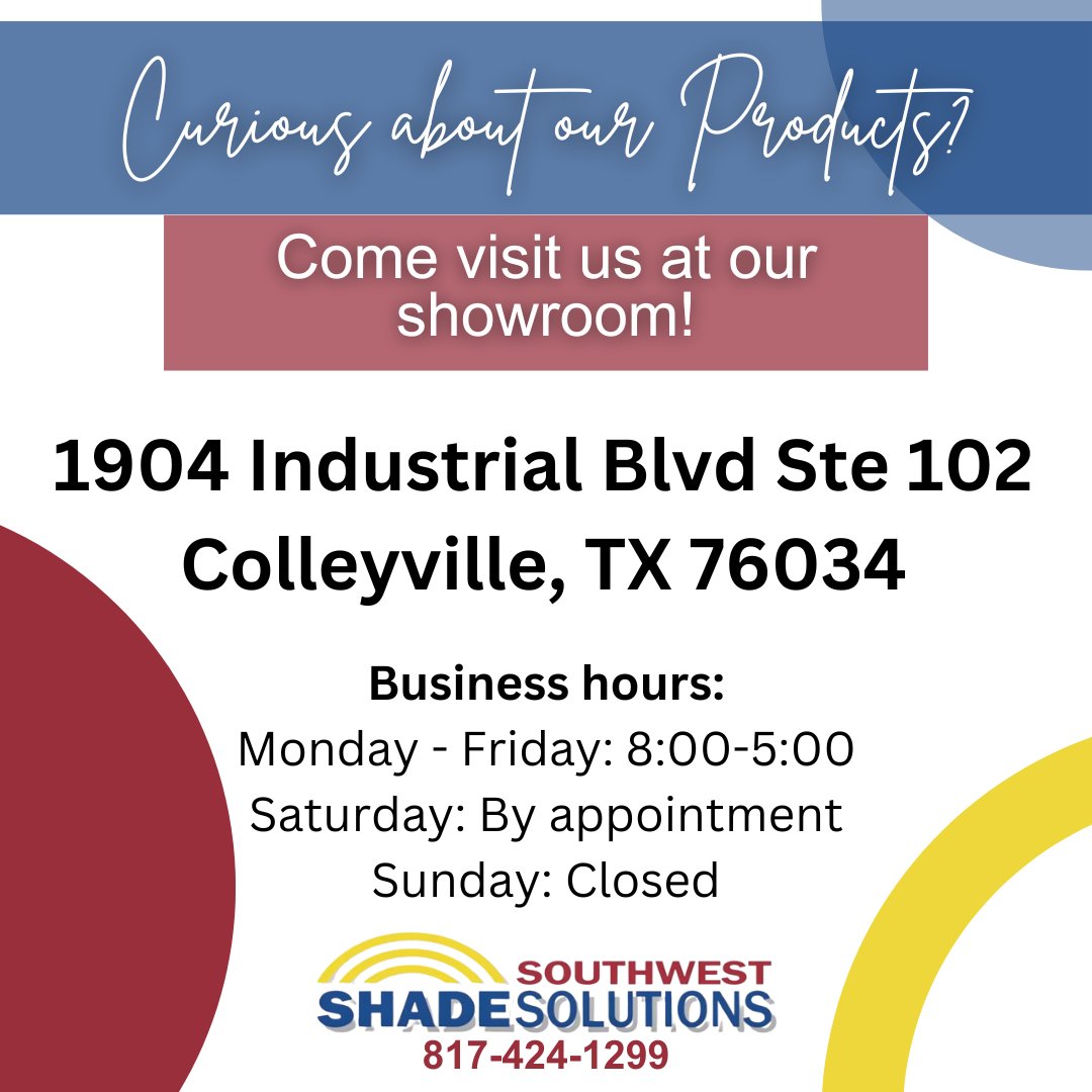 SWShadeSolution's tweet image. Want to see our products in person? Come visit our showroom in Colleyville!

1904 Industrial Blvd Ste 102
Colleyville, TX 76034

Business hours:
Monday - Friday: 8:00-5:00
Saturday: By appointment
Sunday: Closed

southwestshadesolutions.com