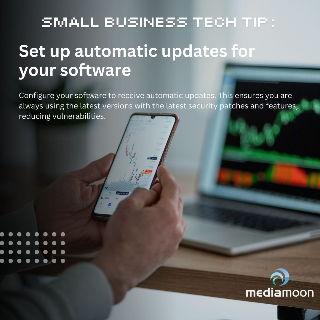 MediaMoonLLC's tweet image. Configure your software to receive automatic updates. This ensures you are always using the latest versions with the latest security patches and features, reducing vulnerabilities.

#AutomaticUpdates #SoftwareMaintenance #TechTips #SmallBizTech #HoffmanEstates #smallbusiness