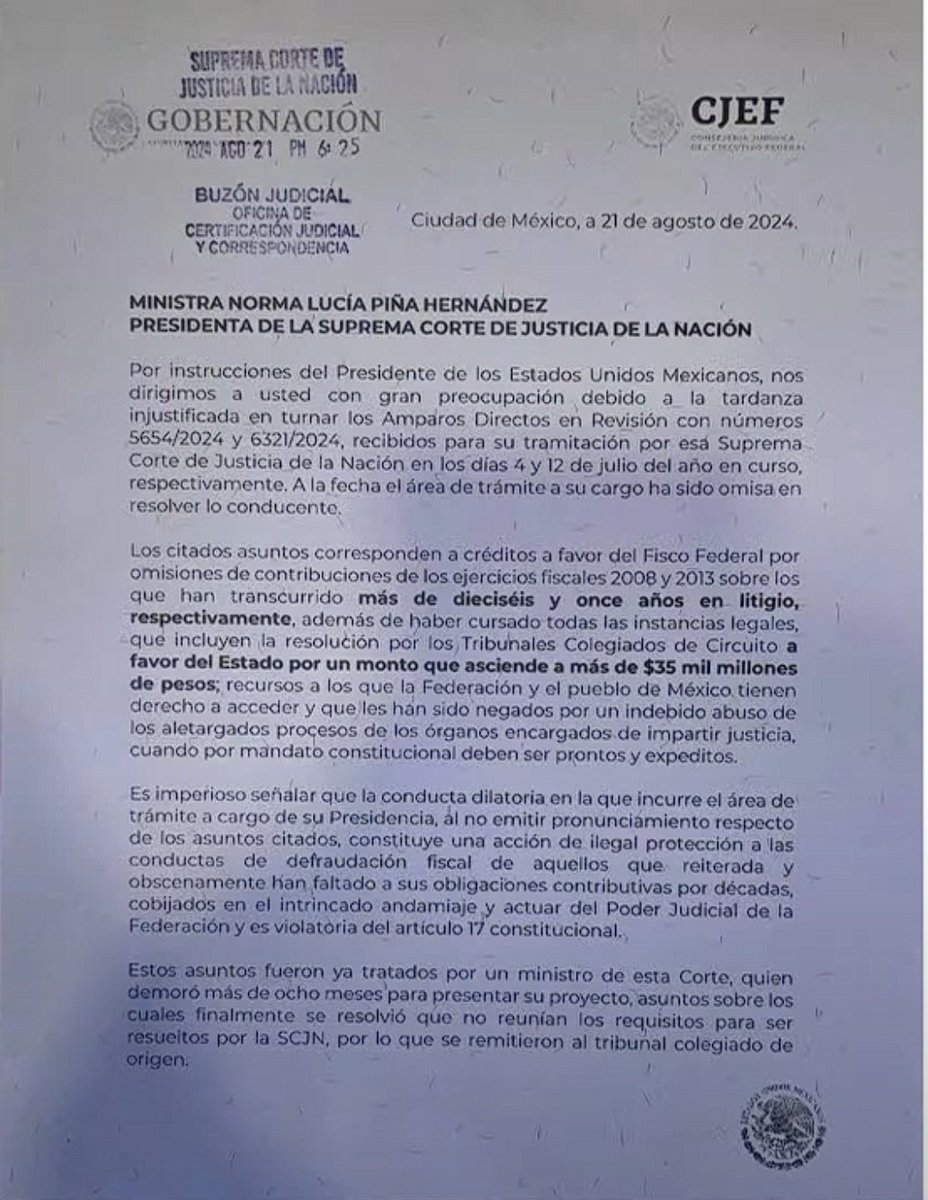 Me uno al exhorto que hizo AMLO, para que la corrupta Norma Piña, agilice el litigio contra el criminal Salinas Pliego, para que pague los millonarios impuestos que debe al SAT. Litigio que lleva años congelado en la <a href="/SCJN/">Suprema Corte</a>. YO quiero que pague <a href="/RicardoBSalinas/">Don Ricardo Salinas Pliego</a> lo que debe. ¿Y TÚ?