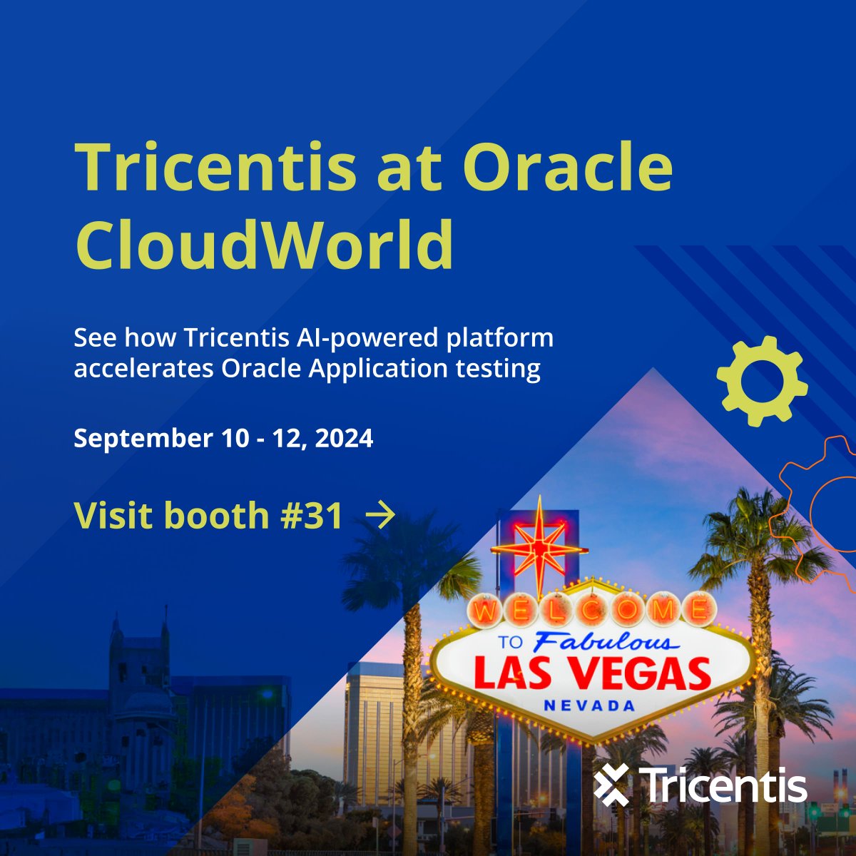 Tricentis's tweet photo. We're heading for Oracle #CloudWorld 💥☁️ Will you be there?! 

Our partnership with #Oracle allows organizations to speed up testing within an #AI driven, end-to-end continuous #testing platform. 

Visit us on the show floor at Booth 31 to learn more: https://t.co/KgFDx7LbeD https://t.co/jajJ0NJUZM