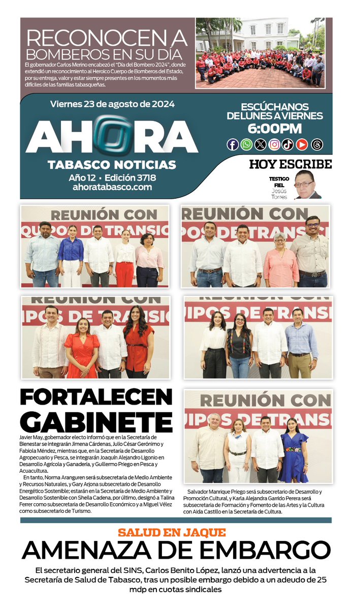 🌞☕ ¡Buenos días! Te presentamos nuestra portada de este #Viernes 23 de #Agosto, para que estés informado con tu diario #AhoraTabascoNoticias.📰

<a href="/cmmerino/">Carlos Manuel Merino Campos</a>  <a href="/TabascoJavier/">JAVIER MAY</a>  <a href="/PartidoMorenaMx/">Morena</a> <a href="/MorenaTabasco/">Morena Tabasco</a>  <a href="/CheryAranguren/">Chery Aranguren</a>  <a href="/SheilaCadena/">Sheila Guadalupe Cadena Nieto</a>  <a href="/miguelvelezmyc/">Miguel Velez</a> <a href="/Katiornelas/">Katia Ornelas Gil</a>