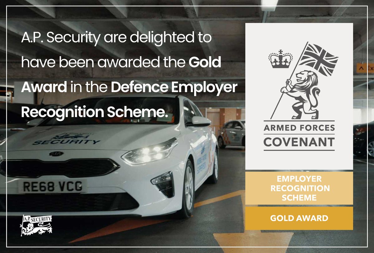 We are proud to announce that A.P. Security have achieved the Gold Award in the 2024 Defence Employer Recognition Scheme (ERS) for our commitment to the Armed Forces Covenant and community. #GoldERS24

@DRM_Support