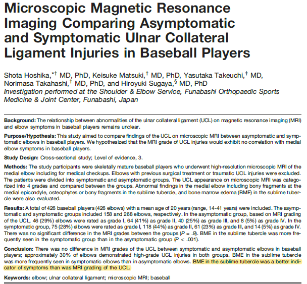 New <a href="/OJSM_SportsMed/">OJSM_SportsMed</a> paper suggests MRI is not what we should look at w/ UCL years - bone marrow edema more important.