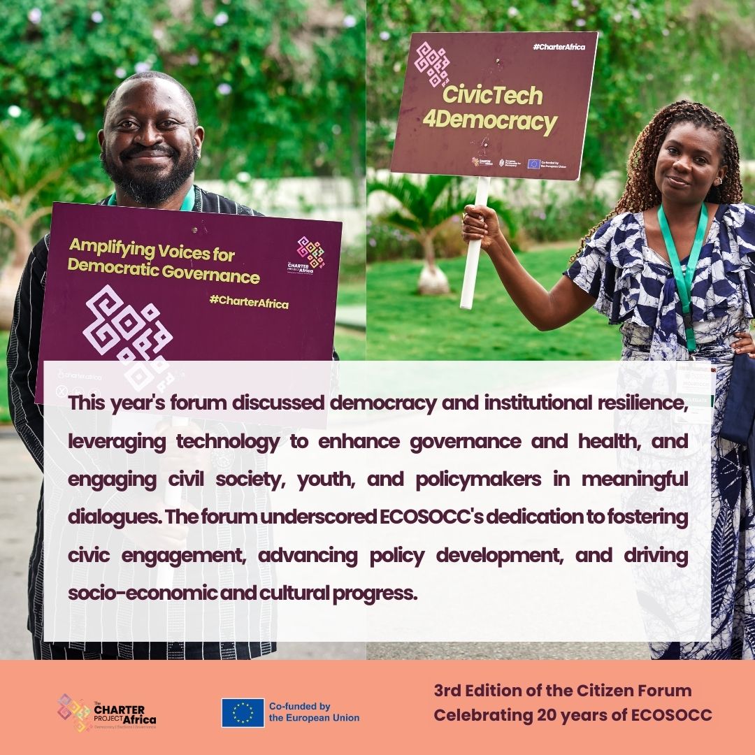 #Highlights

🎉We celebrated 20 years of impact! The 3rd Edition of the Citizen Forum highlighted the crucial role of civil society in advancing democracy across Africa. 

#ECOSOCC20 #CivicTech #CharterAfrica

<a href="/DemocracyWF/">Democracy Works Foundation</a> <a href="/AUEcosocc/">ECOSOCC-AU</a> <a href="/AFRICTIVISTES/">AfricTivistes</a> <a href="/EPDeu/">EPD - European Partnership for Democracy</a> <a href="/ECDPM/">ECDPM 🔎 🌍</a>