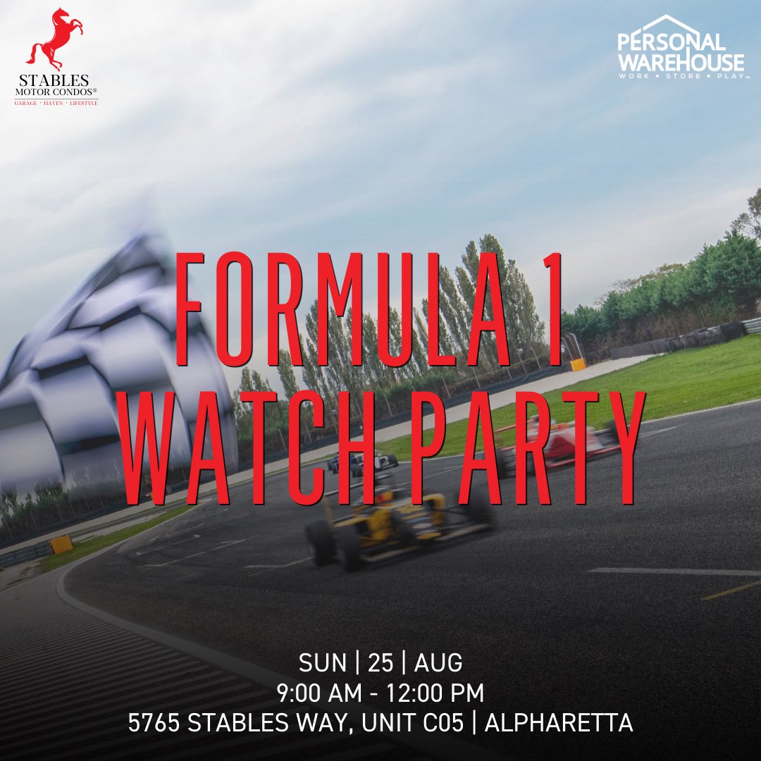 TheMotorCondos's tweet photo. Join us for an exhilarating F1 experience at Stables Motor Condos 🏎️🏁

This exciting event is free &amp; open to the public, featuring a model garage with multiple TVs broadcasting the main race. 

GATES OPEN at 8:30am | RACE STARTS at 9:00am

5765 Stables Way Alpharetta, GA 30004 https://t.co/EvgNzc5paq
