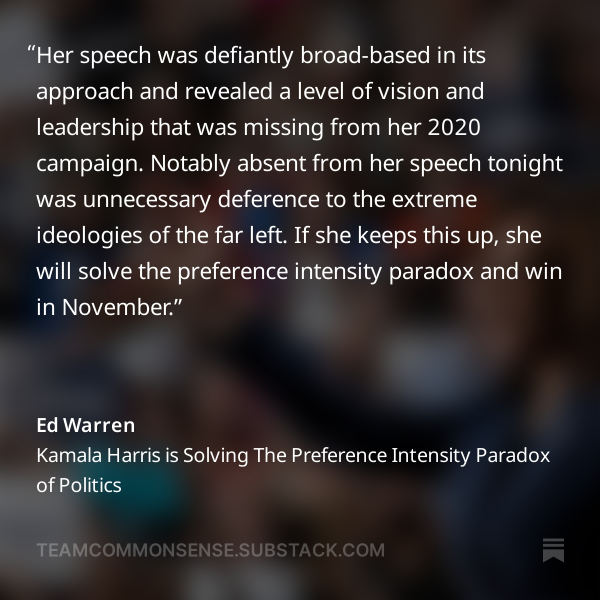 TeamCommnSense's tweet photo. The Harris campaign is finally solving the preference intensity paradox that has bedeviled Democrats for so long.

https://t.co/yunj8tO1uf https://t.co/oXRRFRp4Zx