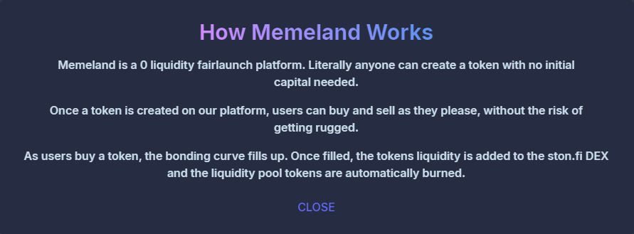 Day 3 of the Memeland softlaunch!

Learn how our platform works, offering a way for users to create or invest in new TON projects safely.

memelandia.co