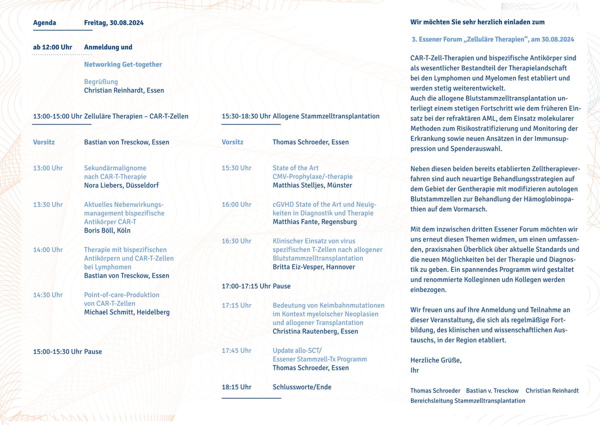 Wir freuen uns auf den Überblick und klinisch wissenschaftlichen Austausch zu  CAR-T-Zell-Therapien und Stammzelltransplantation beim 3.Essener Forum #zelluläreTherapien am Freitag, 30.08.2024 
<a href="/chr_reinhardt/">Christian Reinhardt</a>
<a href="/TSchroedee/">Thomas Schroeder</a>
<a href="/UniklinikEssen/">Uniklinikum Essen</a>
<a href="/B_von_Tresckow/">Bastian von Tresckow</a>