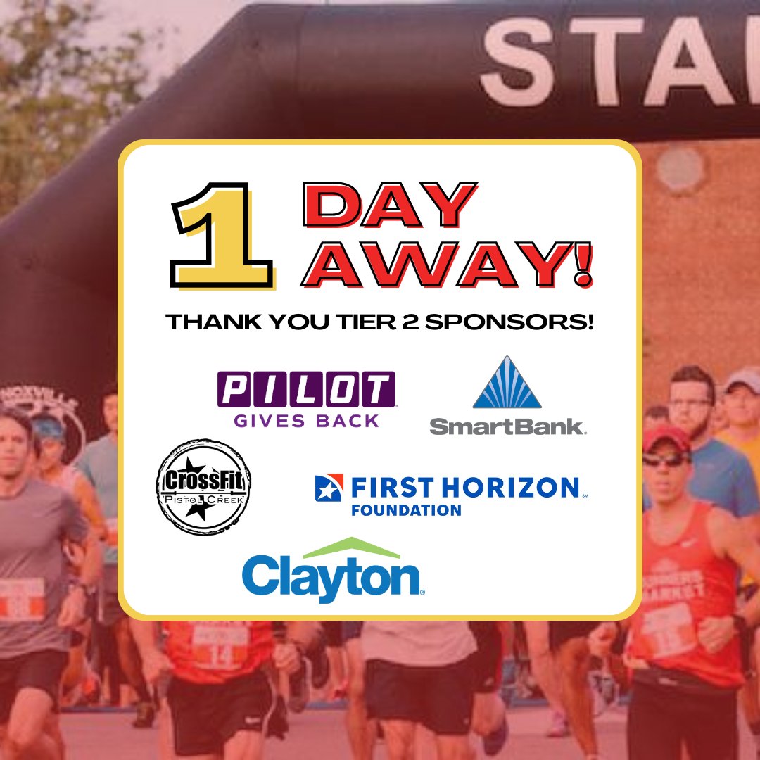🚨 1 Day to Go! We're counting down to race day. Let's make every step count for our schools! 🏃‍♂️

Thank you to our Tier 2 sponsors for your support of our students! ⭐ 

➡️ Clayton
➡️ CrossFit Pistol Creek
➡️ First Horizon
➡️ Pilot
➡️ SmartBank

#Miles4Maryville | #Maryville