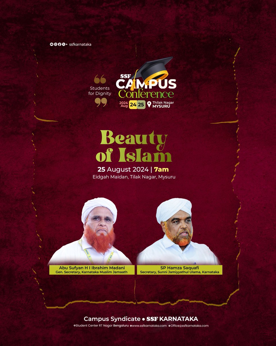 ssfkarnataka's tweet photo. *❤‍🩹Embracing the beauty of Islam*
*"A reflection of divine grace, peace, and unity."*

*"Students for Dignity"*
_*SSF Campus Conference*_
August 24, 25 @ Mysuru 

> Campus Syndicate • SSF Karnataka ©

#ssfkarnataka #ssfkarnatakacampus #ssfcampusconference #studentsfordignity https://t.co/H24owGtdIL