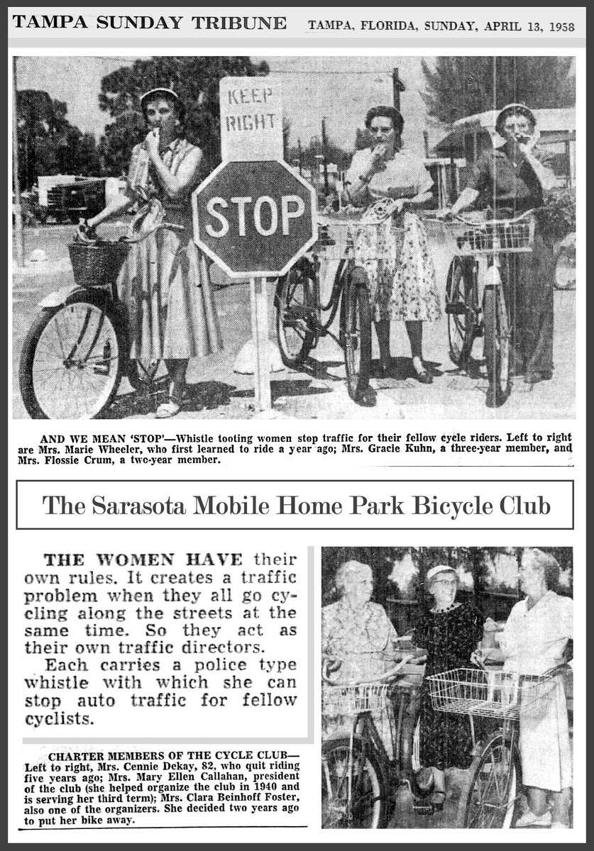 Decades before Critical Mass there was the Sarasota Mobile Home Park Bicycle Club, founded in Florida in 1940. Club members held group rides in mixed traffic, devising techniques – such as stopping motorists to keep the cyclists together – later associated with Critical Mass.