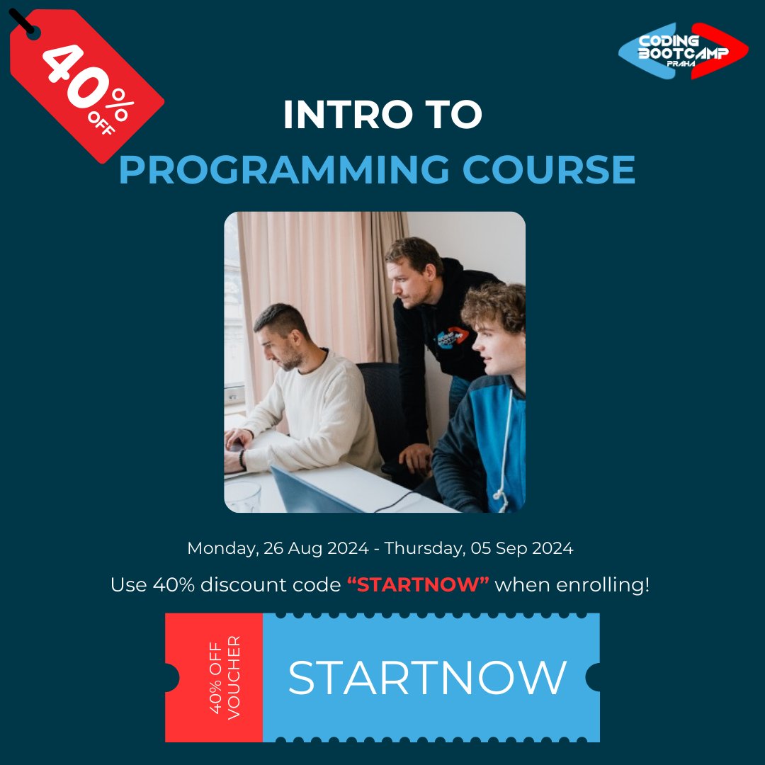codeBoot's tweet image. As summer winds down, it’s the perfect time to gear up for new learning adventures! ☀️📚 Ready to start your programming journey? 💻 Our Intro to Programming Course strts Monday! 🚀 Use code “STARTNOW” for 40% off when you enroll! 🎉  #Programming  
codingbootcamp.cz/events/short-c…
