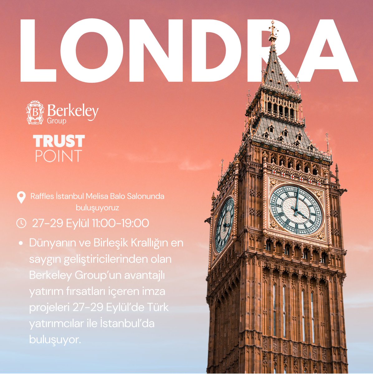 TrustPointTR's tweet photo. 🏙️ Londra’da yatırım fırsatlarını keşfetmek ister misiniz? 

27-29 Eylül’de Berkeley Group, Raffles İstanbul’da Türk yatırımcılarla buluşuyor! 🌍 

Güçlü sermaye artışı, cazip kira getirisi ve şeffaf fiyatlandırma avantajlarıyla Londra'nın emlak piyasasını keşfedin. 💼 https://t.co/XuNFteKyM9