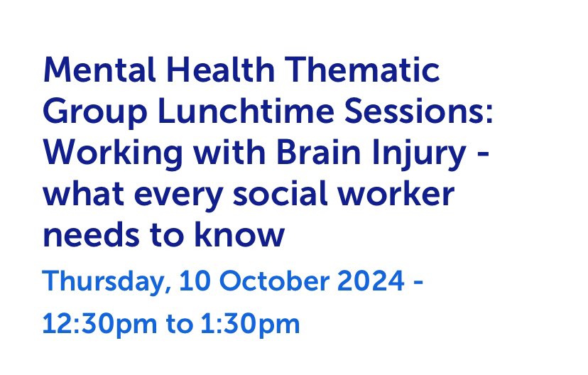 Dr Caroline J Bald (@carolinejbald) on Twitter photo EVENT: <a href="/BASW_UK/">BASW</a> <a href="/MhBasw/">BASW England MH Group</a> lunchtime webinar Thur 10th Oct 2024 12.30-1.30 via Teams: Working with #braininjury what every social worker needs to know. Please share with your networks, colleagues & students. <a href="/JUCSWEC/">Joint Universities Social Work Association JUSWA</a> <a href="/ABI_Justice/">Acquired Brain Injury Justice Network</a> <a href="/BASW_NI/">BASW Northern Ireland</a> <a href="/BASW_Cymru/">BASW Cymru 🏴</a> <a href="/ScotsSW/">SASW</a> basw.co.uk/events/mental-… EVENT: <a href="/BASW_UK/">BASW</a> <a href="/MhBasw/">BASW England MH Group</a> lunchtime webinar Thur 10th Oct 2024 12.30-1.30 via Teams: Working with #braininjury what every social worker needs to know. Please share with your networks, colleagues & students. <a href="/JUCSWEC/">Joint Universities Social Work Association JUSWA</a> <a href="/ABI_Justice/">Acquired Brain Injury Justice Network</a> <a href="/BASW_NI/">BASW Northern Ireland</a> <a href="/BASW_Cymru/">BASW Cymru 🏴</a> <a href="/ScotsSW/">SASW</a> basw.co.uk/events/mental-…
