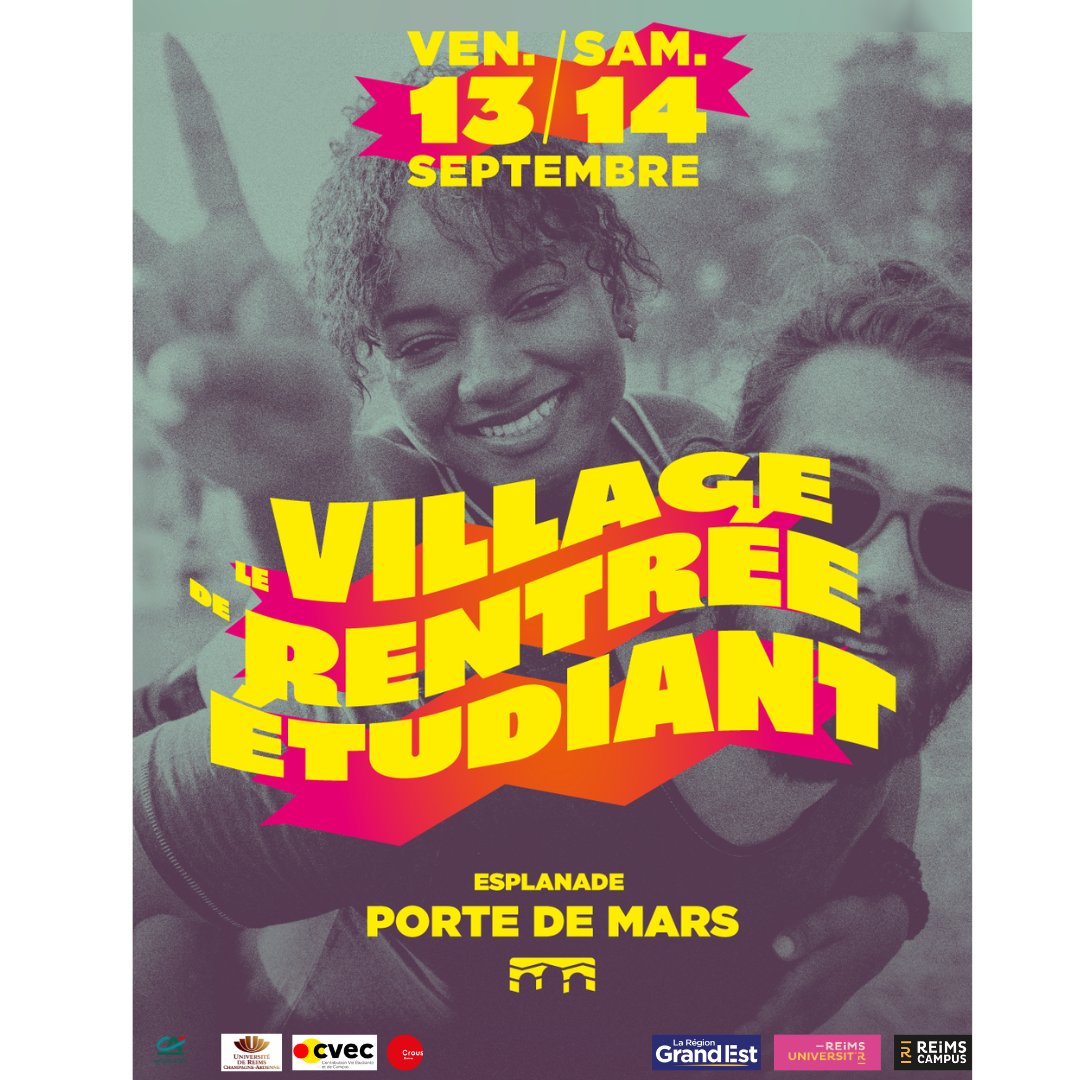 🎓✨ Ne manquez pas la 1ère édition du Village de Rentrée Étudiant à Reims les 13 et 14 septembre ! Découvrez toutes les opportunités pour bien commencer l'année universitaire. 
📍 Esplanade Porte de Mars #Reims #RentréeÉtudiante