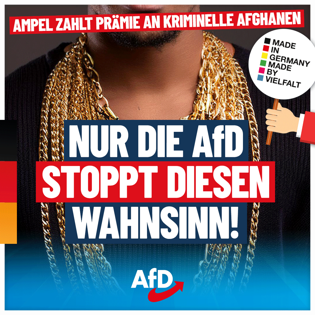AfD's tweet photo. Ampel will kriminellen #Afghanen Abschiebe-Prämie zahlen: Wir schieben sie auch ohne Prämie ab!

Sie verhöhnen uns immer mehr: Nachdem die Ampel-Regierung jahrelang kriminelle Afghanen hofiert und vor der Abschiebung geschützt hat, will sie afghanischen Straftätern nun eine Art Prämie zahlen, um zur Ausreise zu motivieren. Ein Sprecher des Innenministeriums nennt es zynisch „finanzielle #Reiseunterstützung“. Wie klingen diese Worte in den Ohren deutscher Steuerzahler, die sich wegen Faesers #Massenmigration selbst keine Reise mehr leisten können? Dass die Innenministerin Kriminelle für ihre Verbrechen belohnen will, ist ein Schlag ins Gesicht aller rechtstreuen deutschen Bürger.

Die #SPD-Innenministerin setzt auf das gleiche Prinzip wie die ebenfalls SPD-geführte Landesaufnahmebehörde Niedersachsen. Die Behörde hatte in einer Dienstanweisung an die Polizei erklärt, dass Personen, die sich gegen ihre Abschiebung wehren oder nicht ins Flugzeug steigen wollen, einfach auf freien Fuß gesetzt werden können. Widerstand gegen Polizeibeamte und andere Straftaten ausländischer Staatsbürger werden von den etablierten Parteien belohnt, während die eigene Bevölkerung endlos ausgeplündert, bevormundet und unter Rassismus-Generalverdacht gestellt wird. Diese Parteien wollen ein anderes Volk, weil sie Deutschland verachten.

Die #AfD wird einen ganz anderen Weg einschlagen. Wir werden kriminelle Ausländer und Asylbewerber ohne Bleiberecht konsequent abschieben – und zwar ohne Messer- und Grabsch-Prämie. Wir werden unsere Grenzen schützen und das Weltsozialamt schließen. Ampel-Parteien und CDU haben schon genug Leid über unser Land gebracht und müssen endlich abgewählt werden! #DeshalbAfD