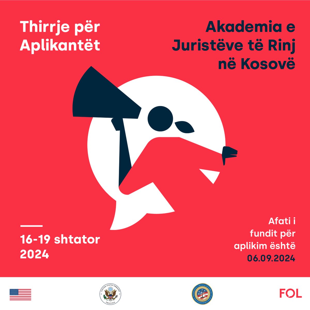 FOLMovement's tweet photo. 📢FOL ka kënaqësinë të njoftojë hapjen e aplikimeve për Akademinë e Juristëve të Rinj, që do të mbahet nga data 𝟏𝟔 - 𝟏𝟗 𝐒𝐡𝐭𝐚𝐭����𝐫 𝟐𝟎𝟐𝟒.

 🔗Për të aplikuar, klikoni këtu: https://t.co/Qojx9oCT0C https://t.co/cM8FDOpHQr
