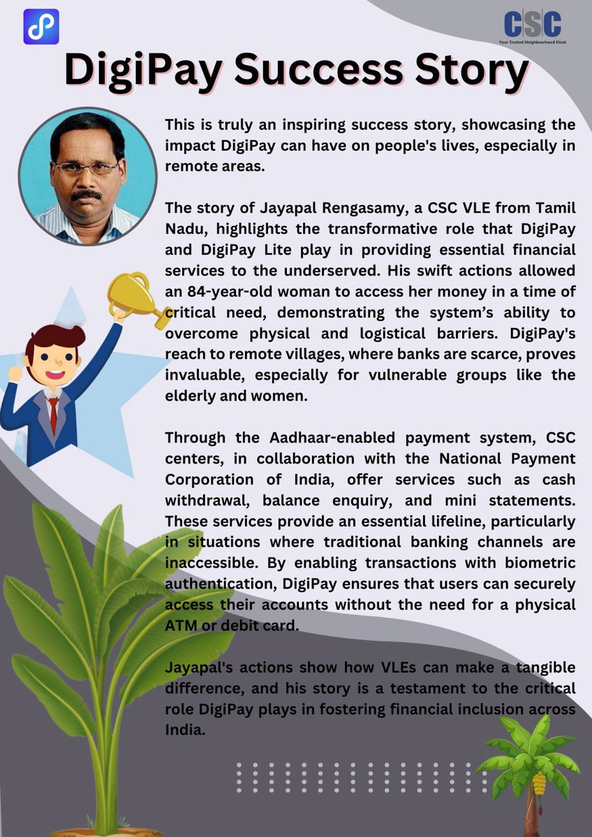 _"Success Story of VLE Jayapal Rengasamy from Tamil Nadu: Empowering his community through DigiPay. Congratulations on his hard work and dedication, bringing financial services to his villagers right at their doorstep!"_