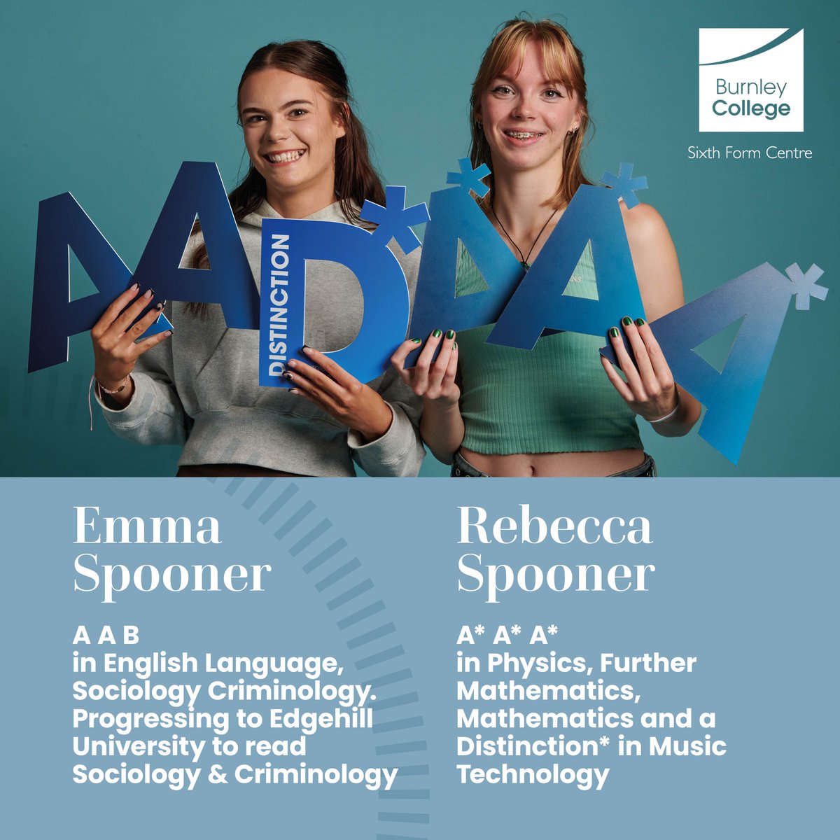 Sibling Success!
Remarkable twins Emma &amp; Rebecca Spooner, 18, former pupils of Todmorden High School, achieved exceptional results.
The dynamic duo chose Burnley College to set themselves on the right path to stardom! 
Explore Burnley College enrolment: buff.ly/4cCAXLF