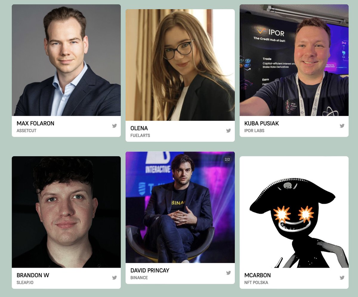 Hey🧜🏻‍♀️ We want you to meet our next speakers who are already polishing their presentations for you 🤗

<a href="/maxfolaron/">M A X🐢</a> from <a href="/AssetCutHQ/">AssetCut</a> 
<a href="/olena_yara/">Lola🇺🇦</a> from <a href="/fuelartsnyc/">FUELARTS</a> 
<a href="/le_brande/">Kuba</a> from <a href="/ipor_io/">IPOR Labs</a> 
<a href="/Brandon_i0/">Brandon W</a> from <a href="/sleap_io/">Sleap</a> 
David Princay from <a href="/binance/">Binance</a> 
<a href="/mcarbon_33/">mcarbon 🍪</a> from <a href="/nftpolska_/">NFT Polska</a>
