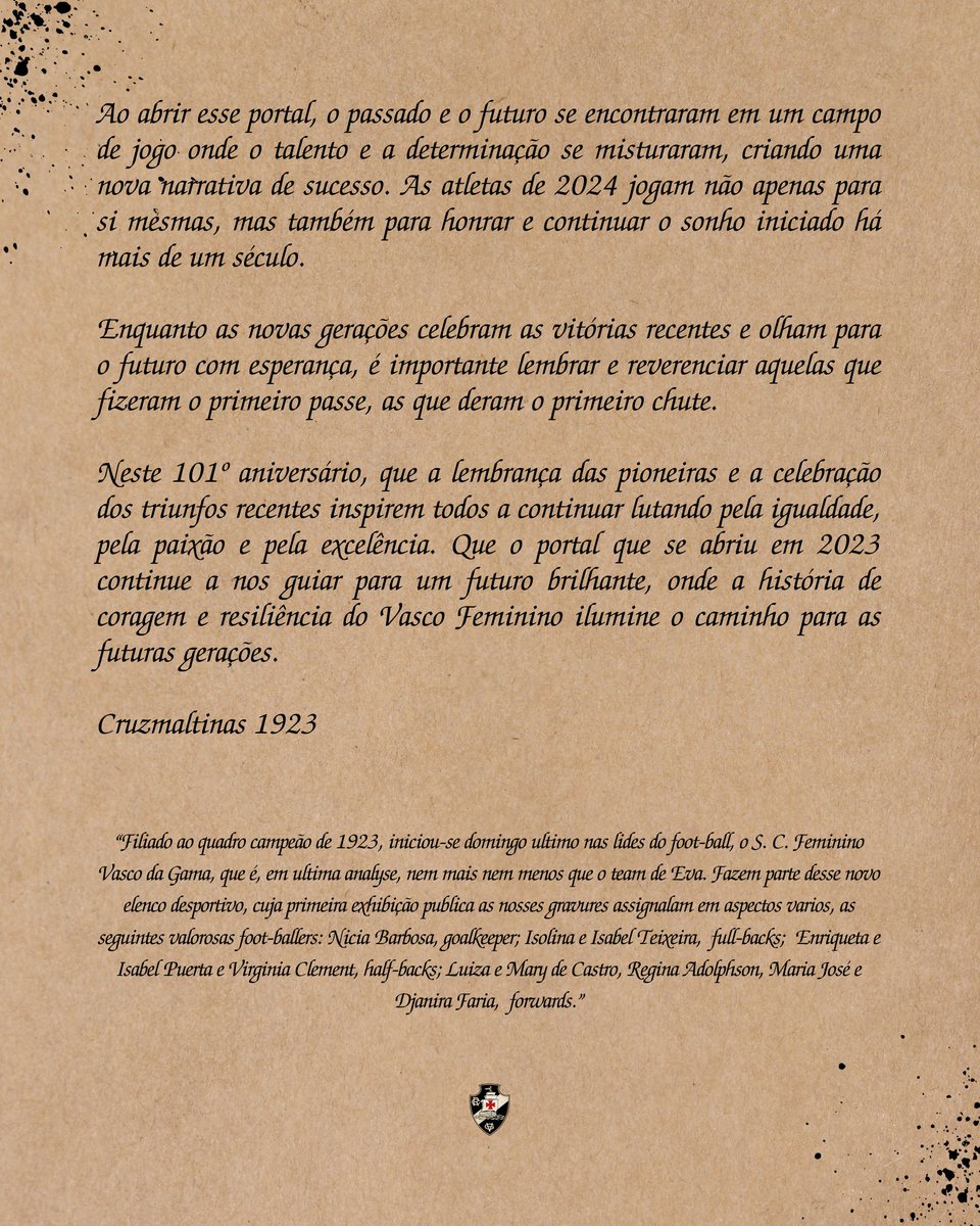 crmaltinas1923's tweet photo. O Portal do Tempo: Celebrando 𝟏𝟎𝟏 𝐚𝐧𝐨𝐬 do Sport Club Feminino Vasco da Gama

Neste 23 de agosto, uma crônica de 𝒗𝒂𝒔𝒄𝒂𝒊𝒏𝒂𝒔 para 𝒗𝒂𝒔𝒄𝒂𝒊𝒏𝒂𝒔!

#VascoFeminino #VascoDaGama https://t.co/tXKVpmvW1a