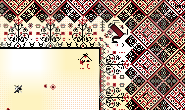 BaronSquelette's tweet photo. Recently did the GMTK game jam, it was so much fun and went great! My bf and I both worked on the artwork, and two other friends did the rest. Slavic embroidery has long been a favorite of mine and is easy to translate in pixel art. https://t.co/Sh9AVBM6Rq https://t.co/dkSjCOIYTs