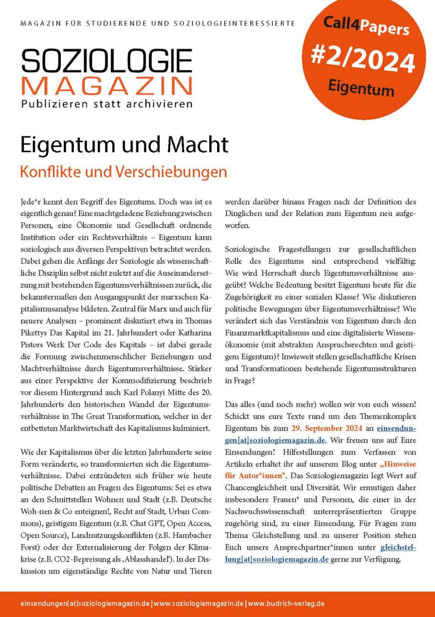Wir haben unseren Call zum Thema #Eigentum verlängert!
Ihr habt nun also bis zum 29. September Zeit eure Seminararbeiten, Essays etc. aus der Schublade zu kramen und zu überarbeiten oder neue Gedanken zu Papier zu bringen.
Mehr Infos: tinyurl.com/324hxnb5