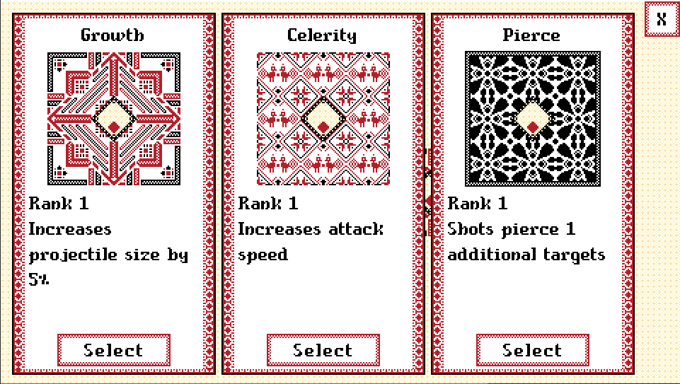 BaronSquelette's tweet photo. Recently did the GMTK game jam, it was so much fun and went great! My bf and I both worked on the artwork, and two other friends did the rest. Slavic embroidery has long been a favorite of mine and is easy to translate in pixel art. https://t.co/Sh9AVBM6Rq https://t.co/dkSjCOIYTs