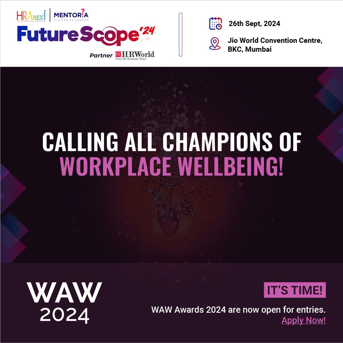 HR_Anexi's tweet photo. Join us as we celebrate unique initiatives that promote Wellbeing At Workplaces (WAW). 
Stay tuned to know more. . . 

Register now: https://t.co/BEJ00dmaoQ

#FutureScope2024 #Innovation #WellbeingAtWorkplaces #WAW2024 https://t.co/ejmhjutQ43