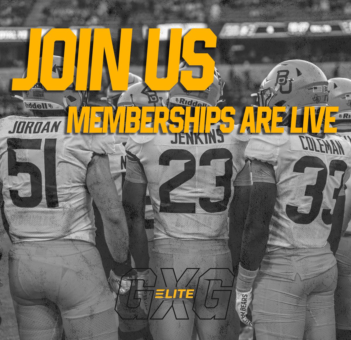 "Join us, get your membership today, and be all in!
GXGELITE™ is the ultimate way to connect with Baylor student-athletes. Through exclusive content, member-only events, custom merch, and so much more, you'll be closer than ever. Let's do this together! #Allin #GXGELITE"