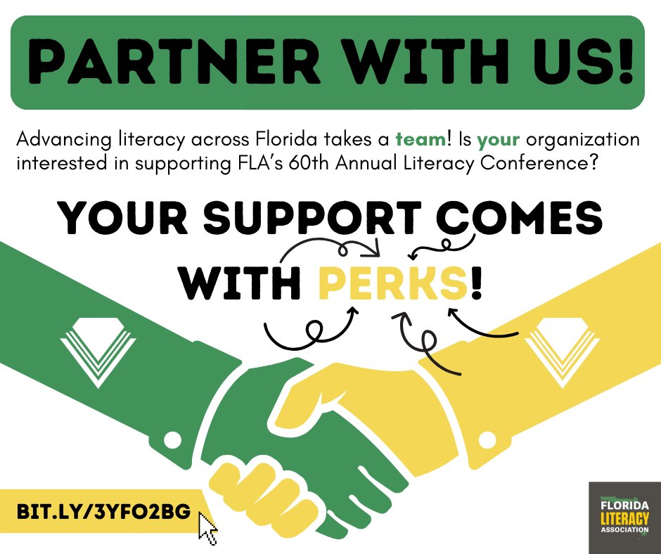 From DIAMOND to BRONZE to BOOTH ONLY--there are a variety of ways your organization can PARTNER with us for FLA's 60th Annual Literacy Conference!

So, help us #SHINEBRIGHT for literacy in Florida by clicking the link below!
bit.ly/3yfo2Bg
#literacy