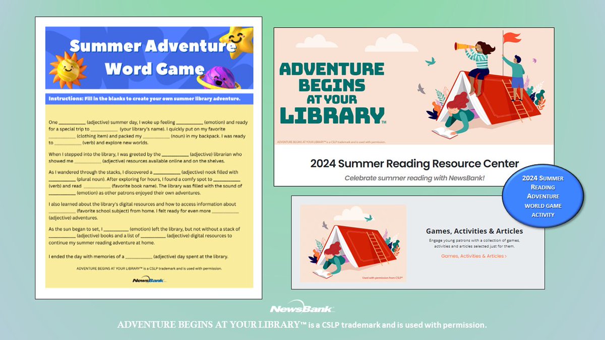NewsBank's tweet image. Calling all word wizards! Young patrons can fill in the blanks and imagine their own library quest with #NewsBank’s Summer Adventure Word Game. Get them started here: ow.ly/WNiE50R9Jv8. #AdventureBeginsAtYourLibrary #CSLPReads #SummerReading