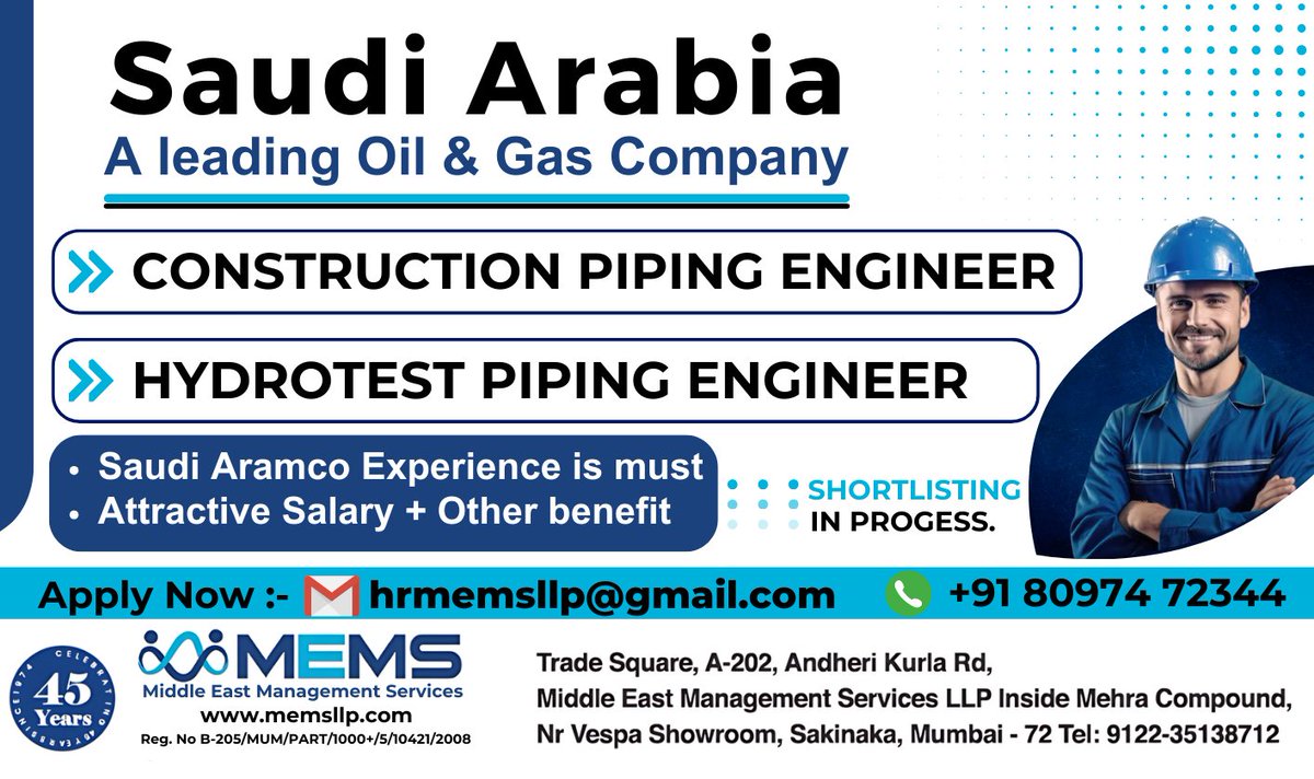 MEMS_Gulf_Jobs's tweet image. 🌍 Exciting Career Opportunities in Saudi Arabia!

📧 Apply Now: hrmemsllp@gmail.com
📞 Contact: +91 80974 72344

Join a leading Oil &amp;amp; Gas Company for specialized engineering roles:

#SaudiArabiaJobs #PipingEngineer #OilAndGasCareers #EngineeringJobs #MEMS #CareerOpportunities