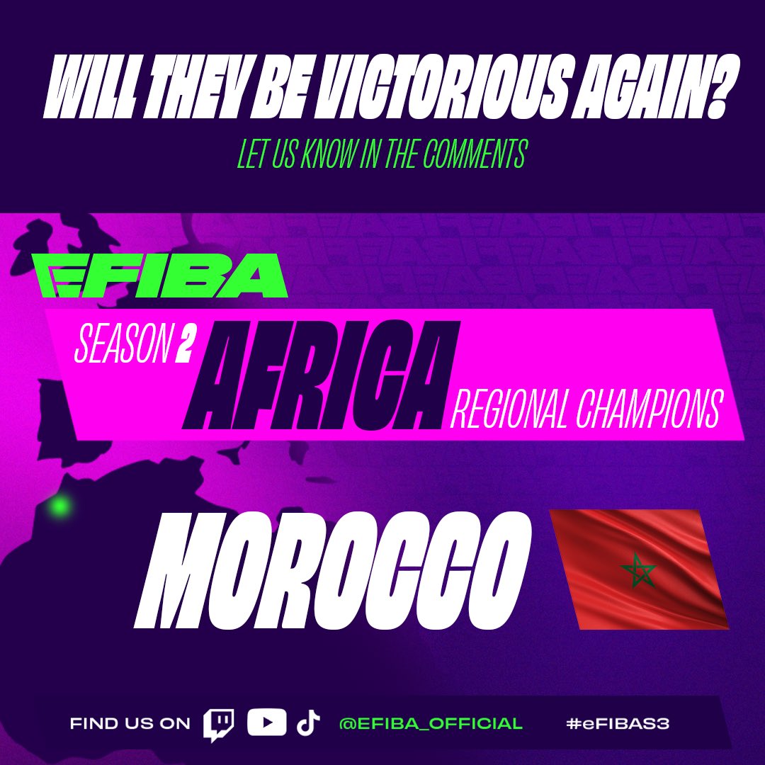 Regional Winners of Africa! 🌏🏆

They conquered the competition last season, who’s ready to challenge them in eFIBA Season 3?

Can they defend their title, or will a new regional champion rise?

#eFIBAS3 #Basketball #eFIBA #FIBA