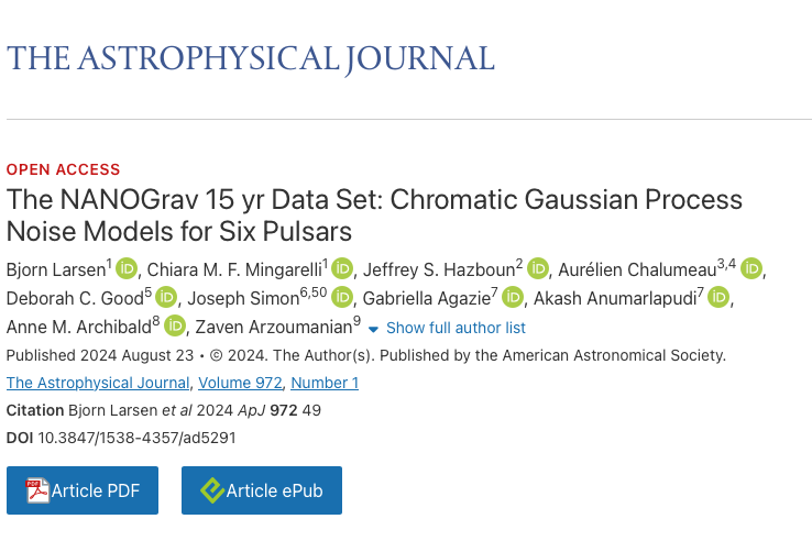 Dr_CMingarelli's tweet photo. Congratulations, Bjorn Larsen, on your first 1st author paper appearing today in the Astrophysics Journal!

Bjorn is a member of @NANOGrav and a graduate student in the @YalePhysicsDept. He's also my graduate student!
https://t.co/dmWTqfuwfV https://t.co/V6ZJvAL0X3