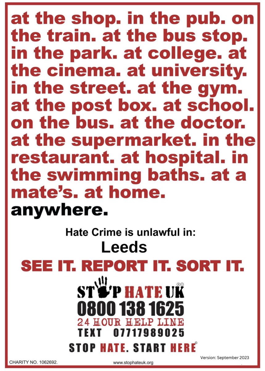 Our Stop Hate Helpline service is independent &amp; confidential, available 24/7 providing a valuable option to report #hatecrime &amp; receive help if a person feels unable to report to police. Service is available for anyone living in, working in or visiting #Leeds #stophatestarthere